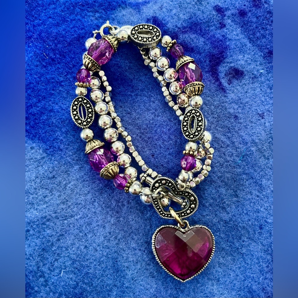 Elegant Silver and Purple Triple Bracelet Stack - Heart Crystals